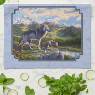 Mother Wolf and Pups Sky Blue Tea Towel
