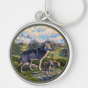 Mother Wolf & Pups Mountain River Valley Key Ring