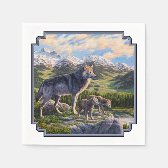 Mother Wolf & Pups Mountain River Valley Napkin (Front)
