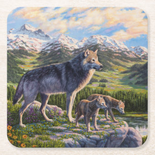 Mother Wolf & Pups Mountain River Valley Square Paper Coaster