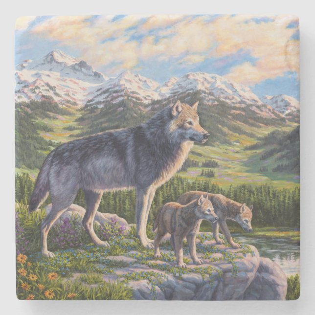 Mother Wolf & Pups Mountain River Valley Stone Coaster (Front)