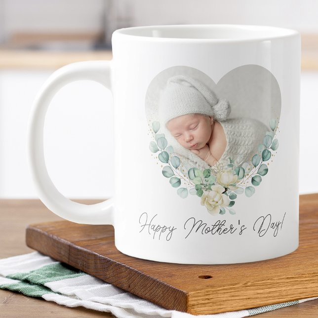 Mother's Day 2 Photo Floral Heart Large Coffee Mug (Mother's Day 2 Photo Floral Heart Giant Coffee Mug)