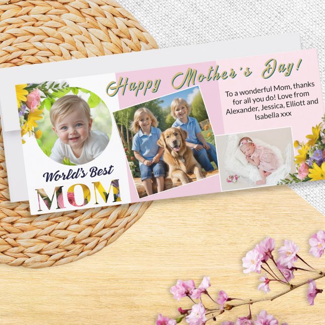 Mother's Day 3 Photo Collage Personalised Holiday Card (A stylish Mother's Day card to personalize with 3 photos and your own message)