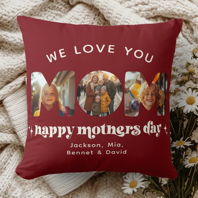 Mother's Day 3 Photo Custom Cute Retro Cherry Red Cushion (Creator Uploaded)