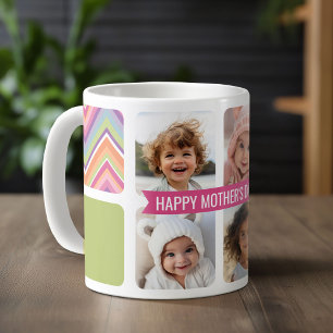 Mother's Day 4 Photo Collage Pink Green Chevrons Coffee Mug