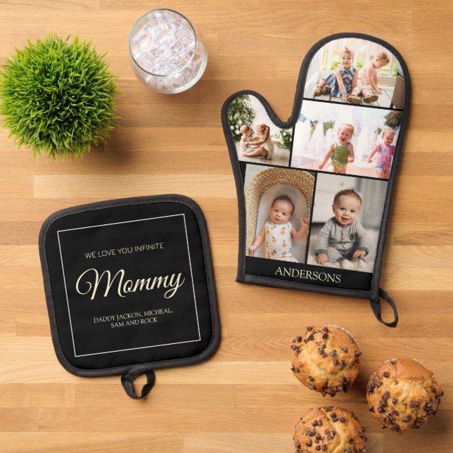 Mother's Day 5 Photo Collage Custom Gift Oven Mitt & Pot Holder Set (Top Down)