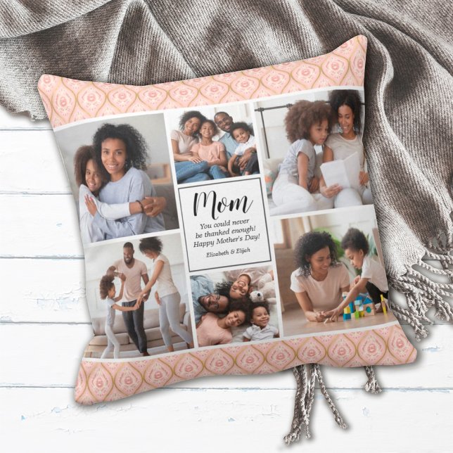 Mothers Day 6 Photo Collage Keepsake Throw Pillow (A pretty pink 6 photo Mothers Day pillow. Personalize it with a short message.)