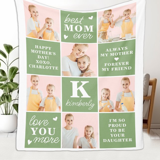 Mother's Day Best MOM Ever Custom 7 Photo Collage Fleece Blanket (Creator Uploaded)