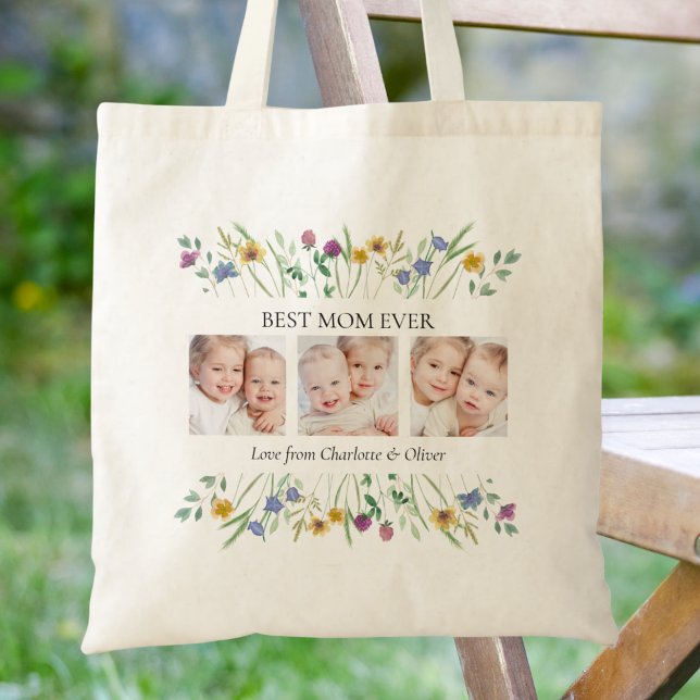 Mother's Day Best Mom Ever Floral Photo Tote Bag (Creator Uploaded)