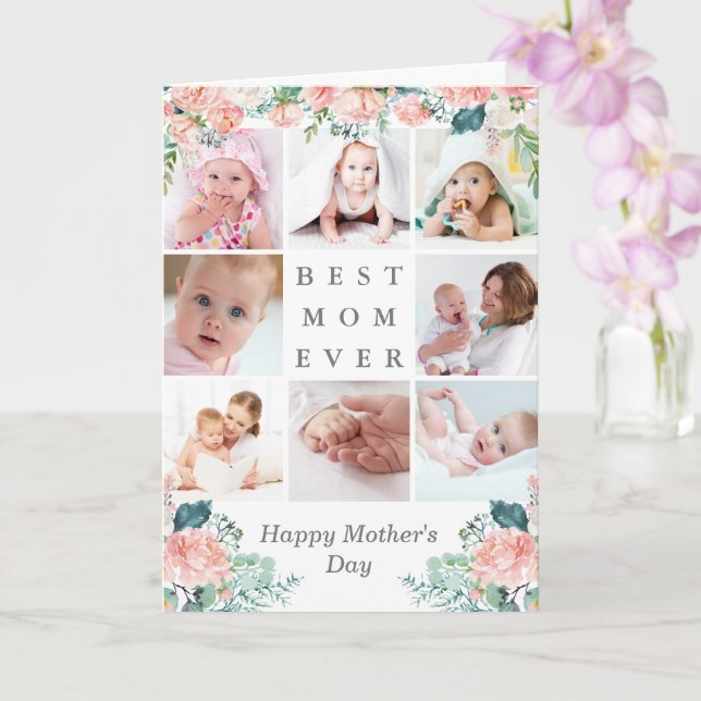 Mothers Day BEST MOM EVER Photo Collage Floral Card (Orchid)