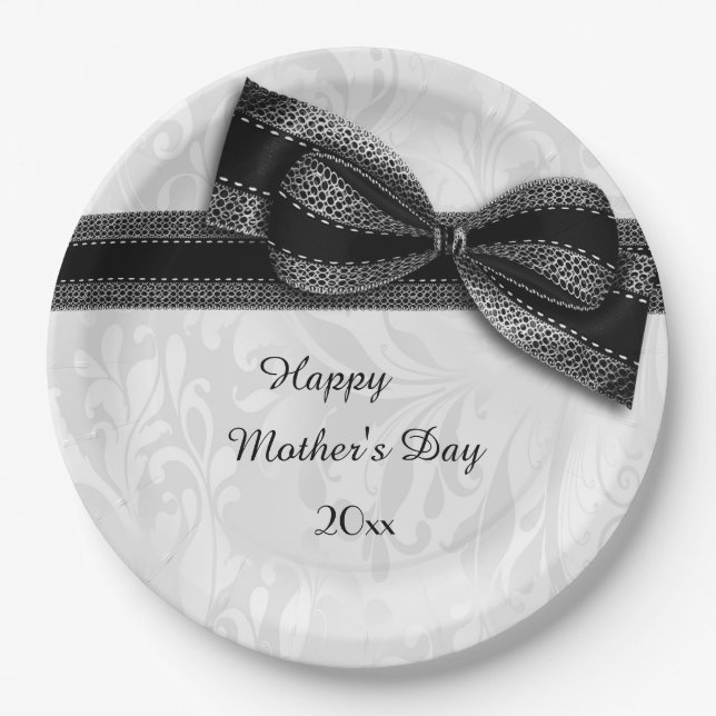 Mother's Day Black Damask and Faux Bow Paper Plate (Front)