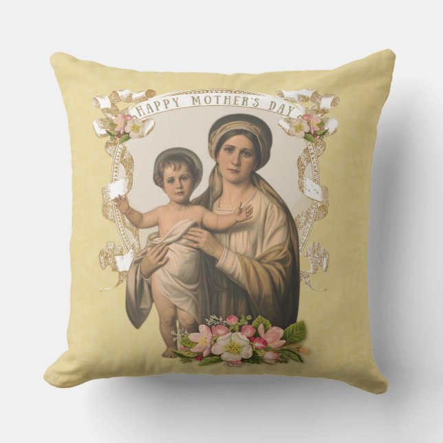 Mother's Day Blessed Virgin Mary Catholic Flowers Cushion (Front)