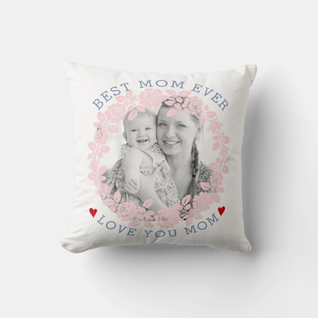 Mothers Day blush, dusty blue rose wreath photo Cushion (Front)