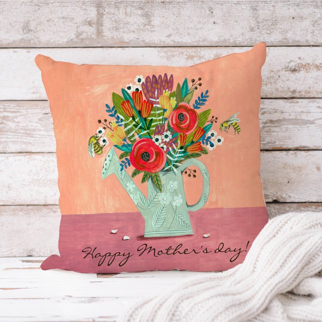 Mother's day Boho Flowers illustration pink Cushion (Creator Uploaded)