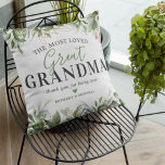 Mother's Day Botanical Great Grandmother Cushion<br><div class="desc">Personalised great-grandmother pillow featuring elegant watercolor green botanical eucalyptus leaves,  gold floral accents,  the cute saying "the most loved great grandma,  thank you for being ours",  and the grandkids names.</div>