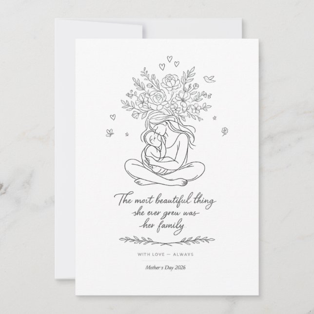 Mothers Day Botanical Line Art Card Floral Mum  (Front)