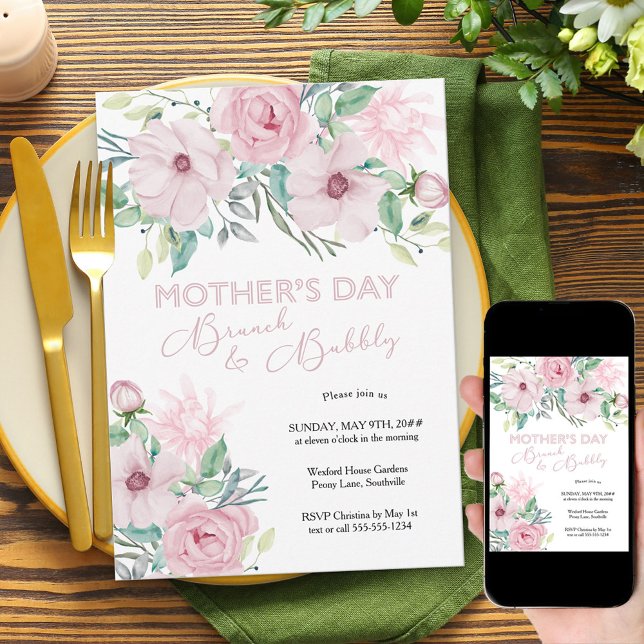 Mother's Day Brunch and Bubbly Pink Peony Floral Invitation (Creator Uploaded)