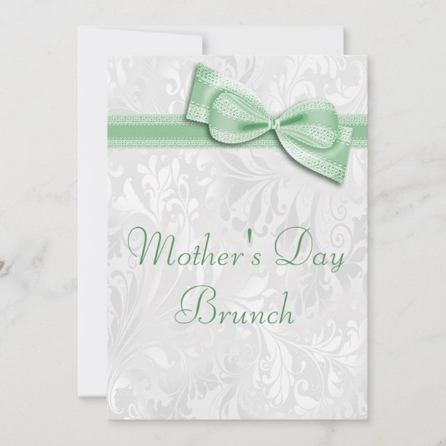 Mother's Day Brunch Damask and Faux Bow Invitation (Front)
