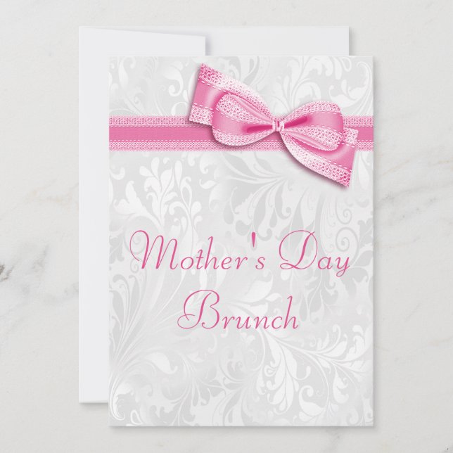 Mother's Day Brunch Damask and Pink Faux Bow Invitation (Front)