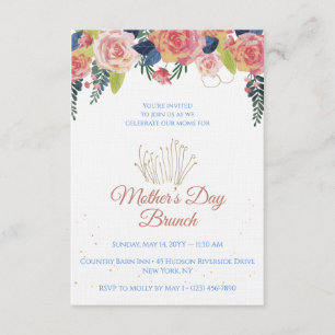 Mother's Day Brunch Floral Navy Blue & Rose Gold Invitation