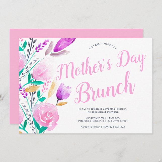 Mother's day brunch floral watercolor pink invitation (Front/Back)