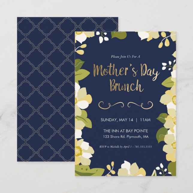 Mother's Day Brunch Invitation, Floral w/ Gold Invitation (Front/Back)
