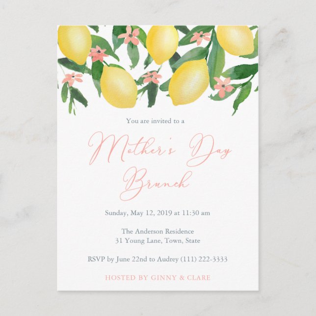 Mother's Day Brunch Invites, Lemons & Pink Accents Postcard (Front)