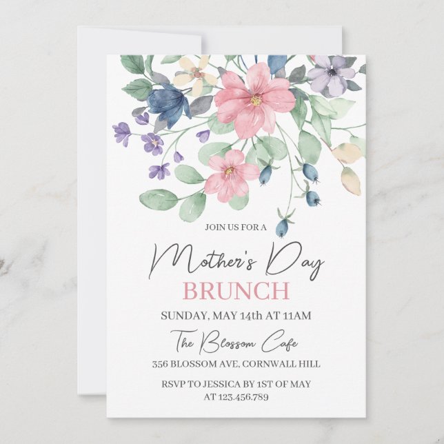 Mother's Day Brunch Pink Berry Watercolor Floral  Invitation (Front)