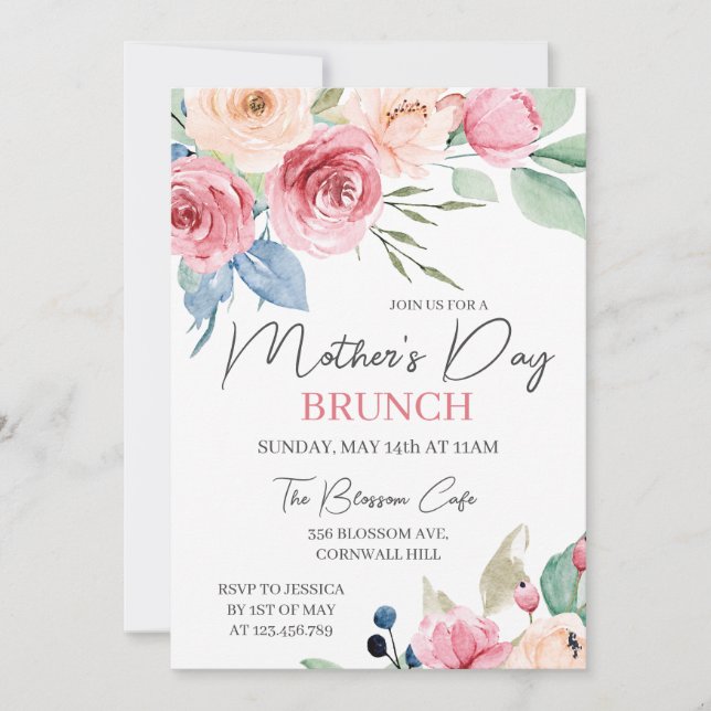 Mother's Day Brunch Pink Rose Watercolor Floral  Invitation (Front)