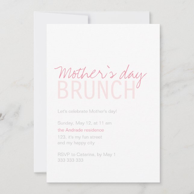 Mothers Day Brunch Pink White Fully Customisable Invitation (Front)
