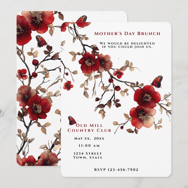  Mother's Day Brunch Red Flowers Butterflies Invitation (Front/Back)