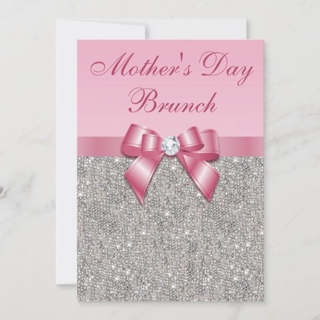 Mother's Day Brunch Silver Jewels Pink Faux Bow Invitation (Front)