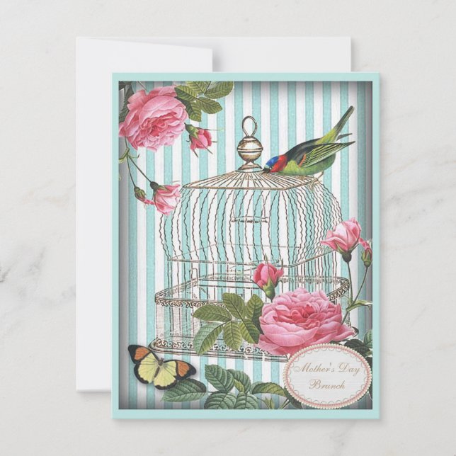 Mother's Day Brunch Vintage Bird Cage & Roses Invitation (Front)