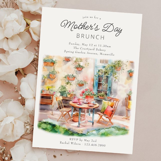 Mother's Day Brunch Watercolor Garden Patio Invitation (Mother's Day Brunch Invitation with welcoming watercolor country garden terrace)