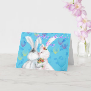 Mother's Day Card Cute Bunnies with Flowers Gift