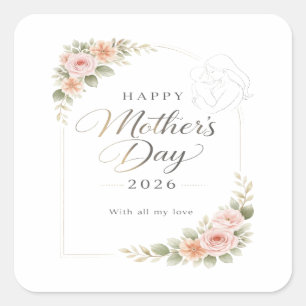Mother's Day Card — Floral Frame "Happy Mother's D Square Sticker