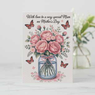 Mothers Day Card Pink Butterflies Flowers Gift Mum