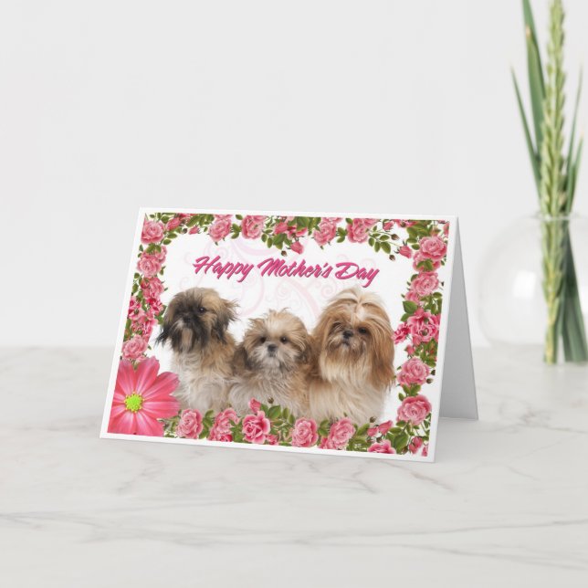Mother's Day Card - Shih Tzu Dogs - Pink Floral (Front)