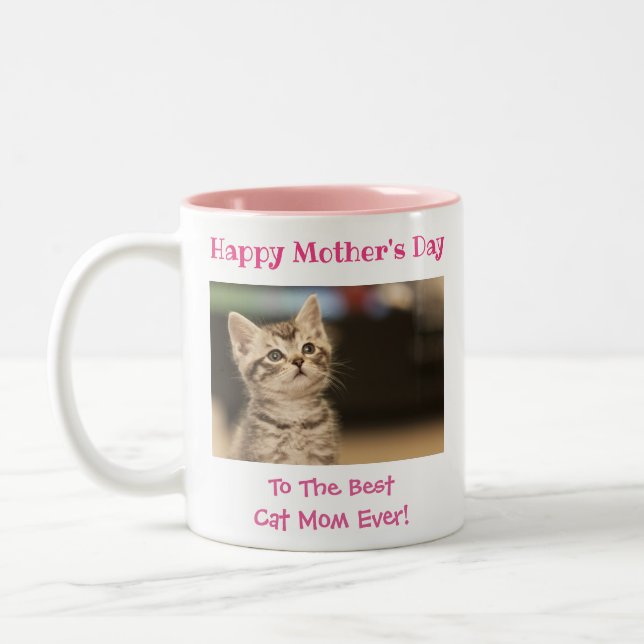 Mother's Day Cat Mum World's Best Ever Pet Photo Two-Tone Coffee Mug (Left)