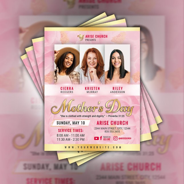 Mother's Day Church Service Pink Florals & Gold Flyer (Creator Uploaded)