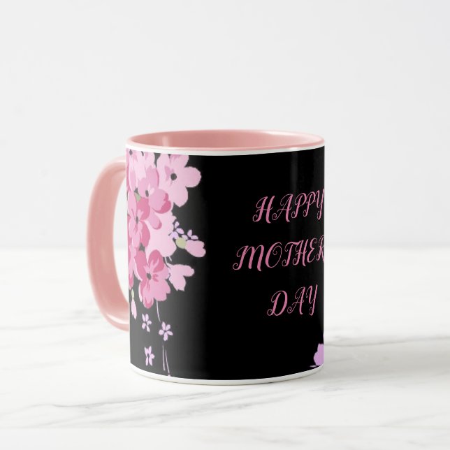 "Mothers Day" combo mug in black & pink flowers. (Front Left)