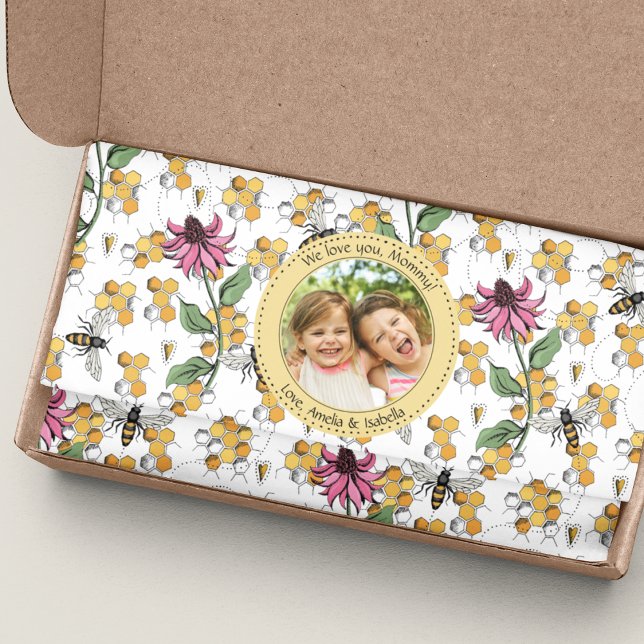 Mothers Day Custom Kids Photo Royal Queen Bee Tissue Paper (Mother's Day Custom Photo and 2 Texts Fun Queen Bee, Honeycomb and Flowers Tissue Paper. In White.)