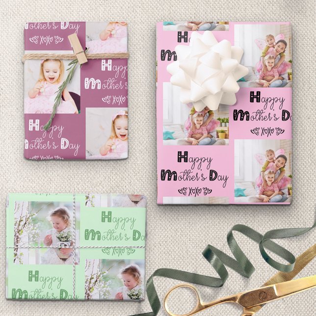Mothers Day Custom Photo Pink Mint Set of 3 Wrapping Paper Sheet (Creator Uploaded)