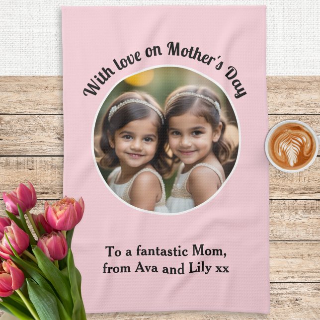 Mothers Day Custom Photo Pink Tea Towel (A charming kitchen towel for Mother's Day, with custom photo and words on a pink background)