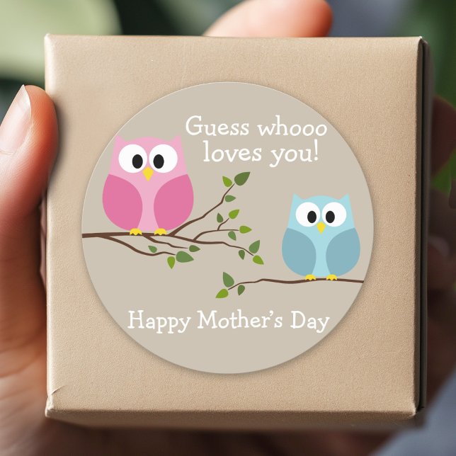 Mothers Day - Cute Owls - Whooo loves you Classic Round Sticker (Custom Sticker for Party Favors and Envelopes)