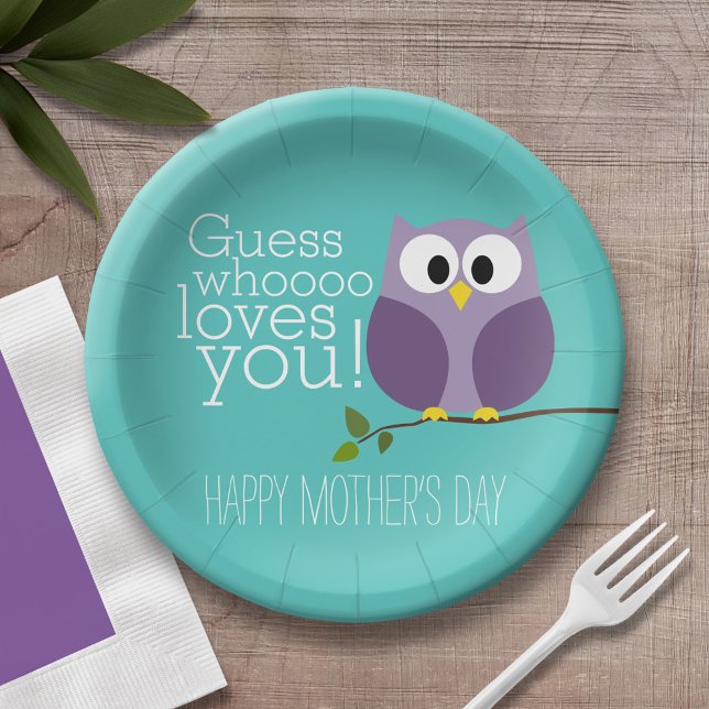 Mothers Day - Cute Owls - Whooo loves you Paper Plate (Personalized Mother's Day party plate)
