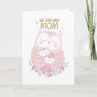Mother's Day Cute Pastel Pink Purple Owls Card