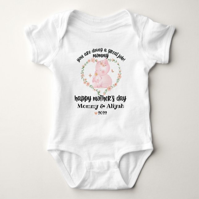 Mother's Day Cute Personalised Pink Floral Pigs Baby Bodysuit (Front)