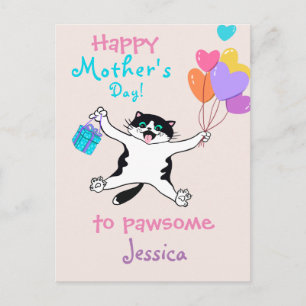 Mother's Day Cute Tuxedo Kitty Colourful Balloons Postcard