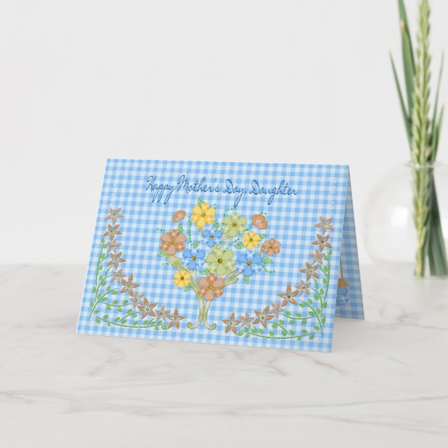 MOTHER'S DAY - DAUGHTER - BLUE GINGHAM/FLOWERS CARD (Front)